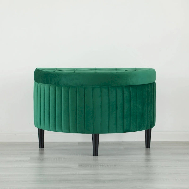 Banc de rangement ottoman mi-lune touffeté en velours vert avec pieds en bois