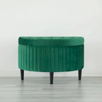 Banc de rangement ottoman mi-lune touffeté en velours vert avec pieds en bois