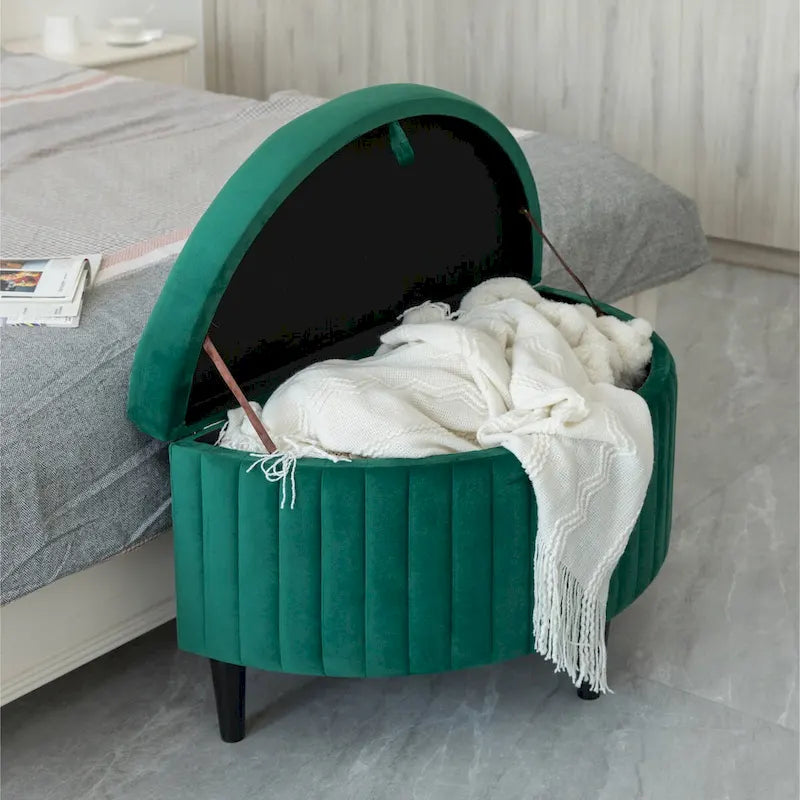 Banc de rangement ottoman mi-lune touffeté en velours vert avec pieds en bois