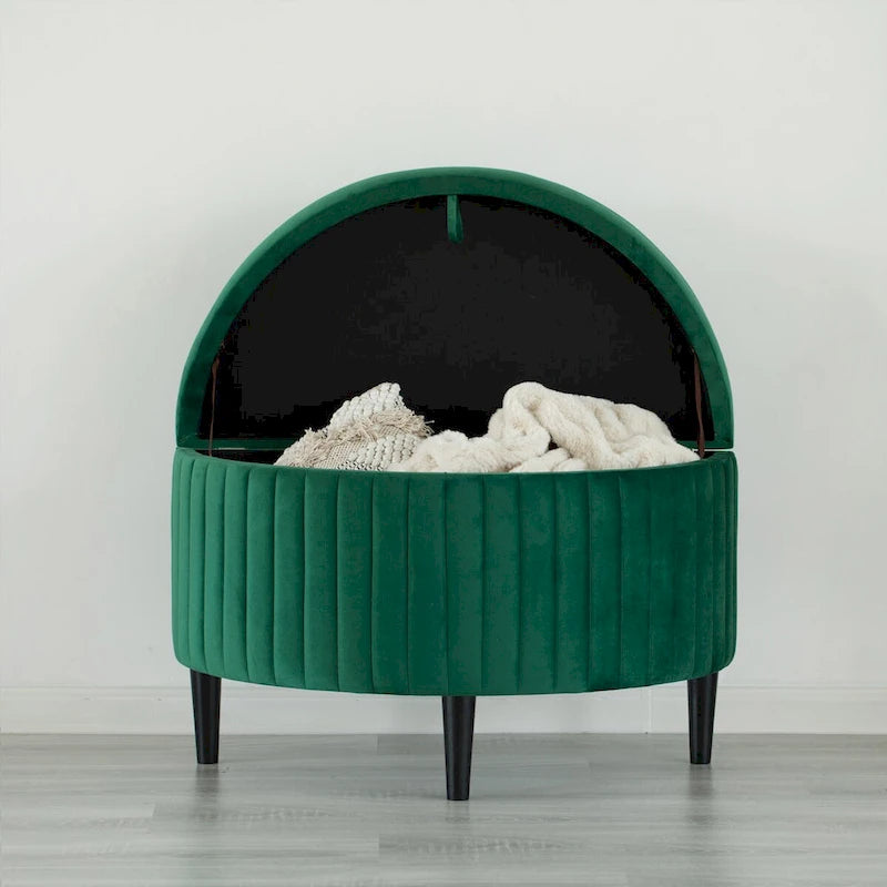 Banc de rangement ottoman mi-lune touffeté en velours vert avec pieds en bois