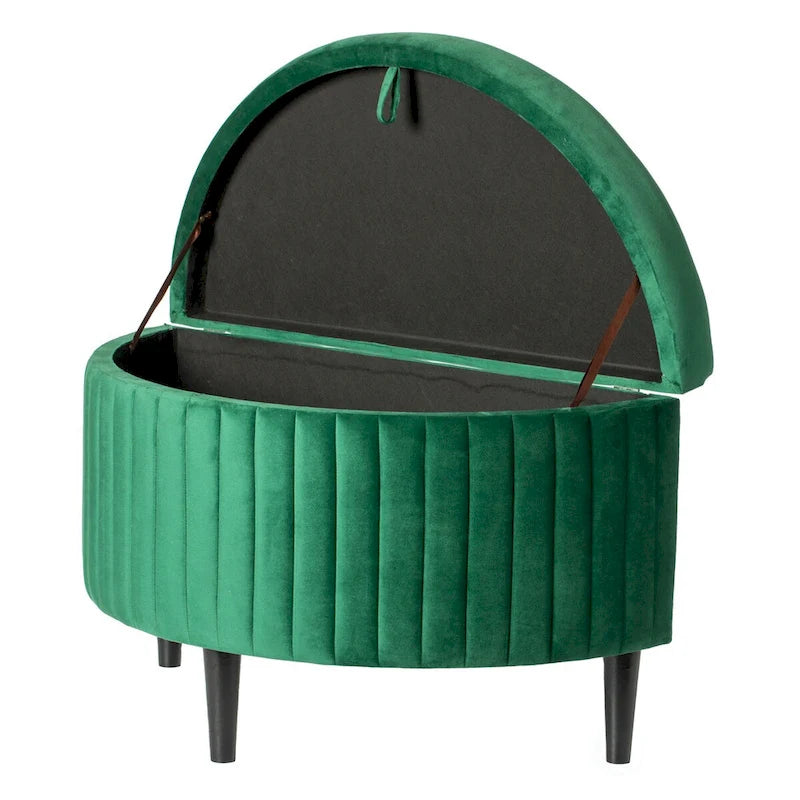 Banc de rangement ottoman mi-lune touffeté en velours vert avec pieds en bois