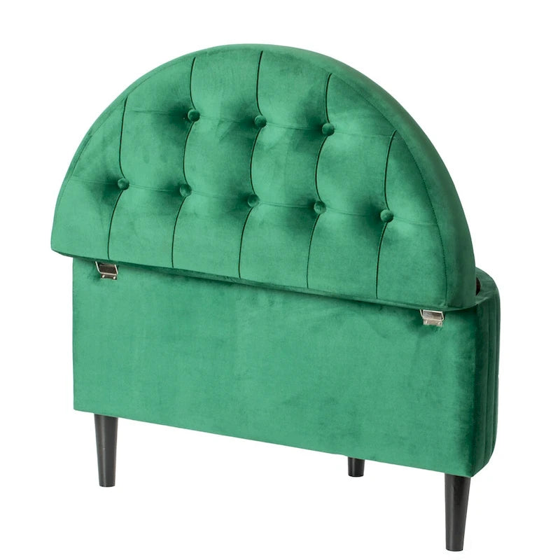 Banc de rangement ottoman mi-lune touffeté en velours vert avec pieds en bois