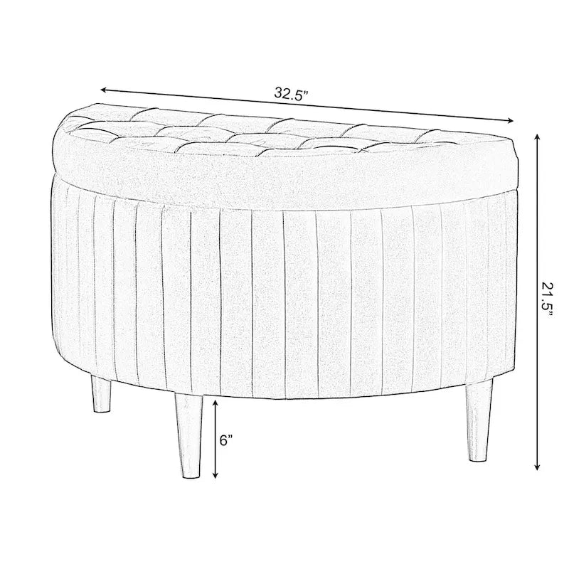 Banc de rangement ottoman mi-lune touffeté en velours vert avec pieds en bois