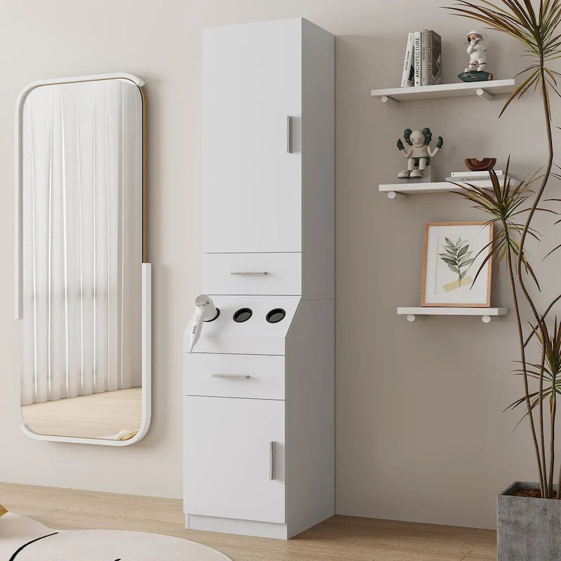 Meuble de rangement haut pour coiffure avec tiroirs, porte et supports pour outils chauffants Blanc Rose