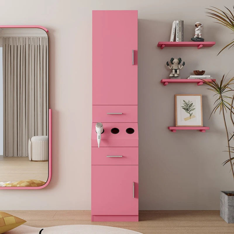 Meuble de rangement haut pour coiffure avec tiroirs, porte et supports pour outils chauffants Blanc Rose