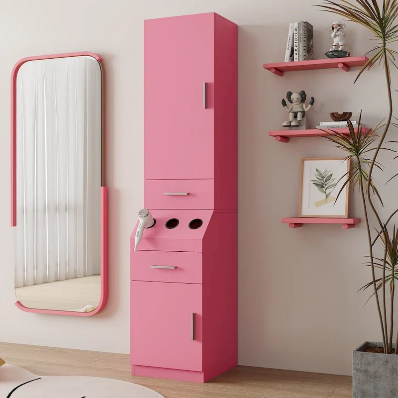 Meuble de rangement haut pour coiffure avec tiroirs, porte et supports pour outils chauffants Blanc Rose