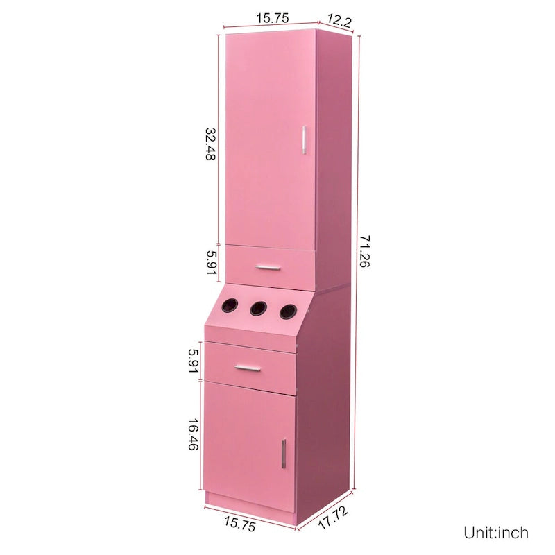 Meuble de rangement haut pour coiffure avec tiroirs, porte et supports pour outils chauffants Blanc Rose