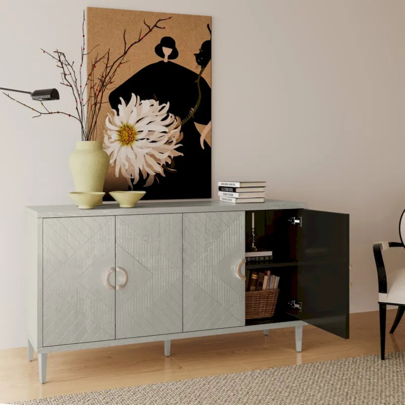 Armoire de rangement 4 portes en MDF avec pieds en pin, coloris Champagne / Bleu marine