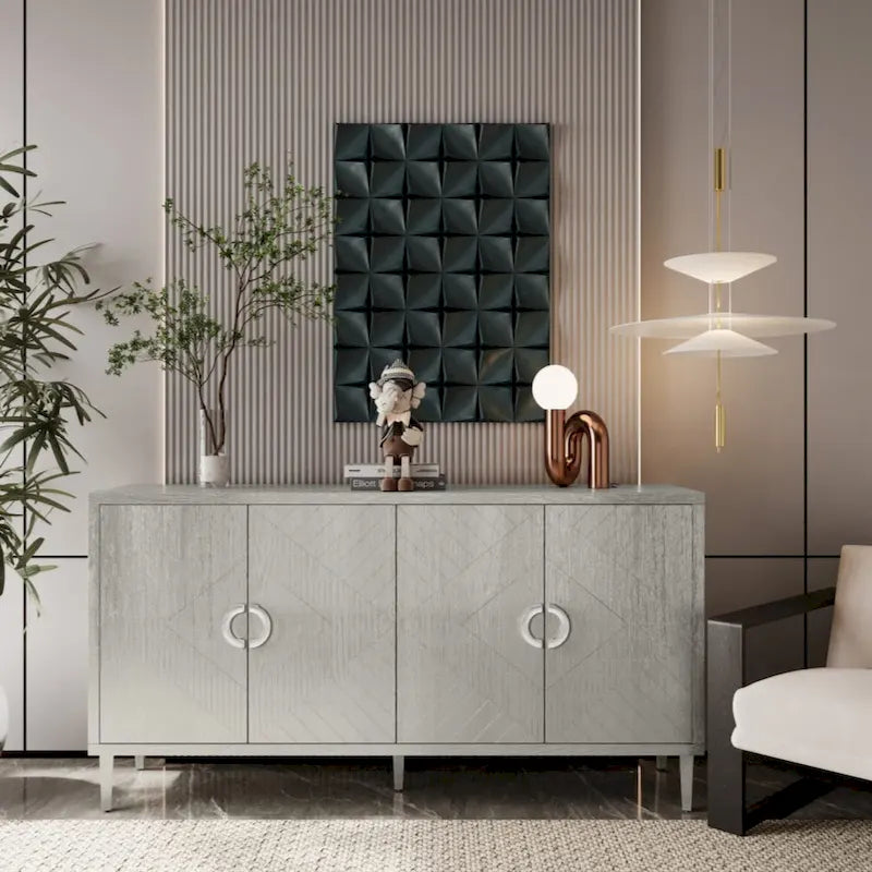 Armoire de rangement 4 portes en MDF avec pieds en pin, coloris Champagne / Bleu marine