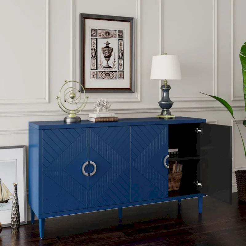 Armoire de rangement 4 portes en MDF avec pieds en pin, coloris Champagne / Bleu marine
