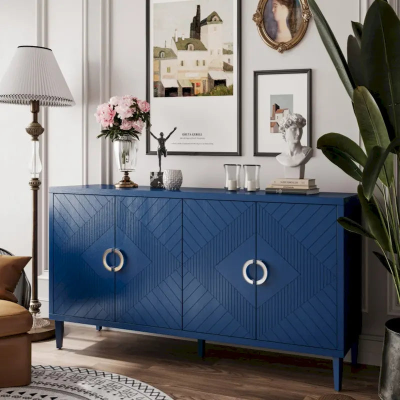Armoire de rangement 4 portes en MDF avec pieds en pin, coloris Champagne / Bleu marine