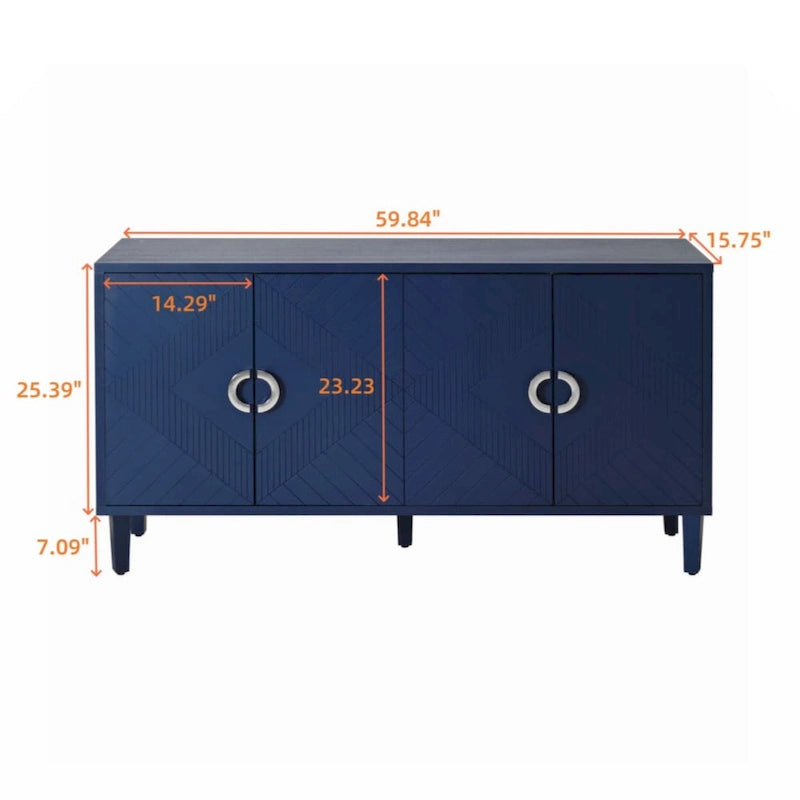Armoire de rangement 4 portes en MDF avec pieds en pin, coloris Champagne / Bleu marine