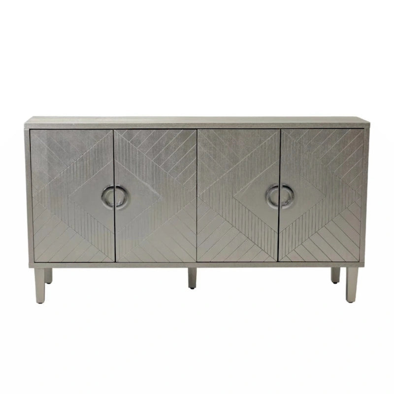 Armoire de rangement 4 portes en MDF avec pieds en pin, coloris Champagne / Bleu marine