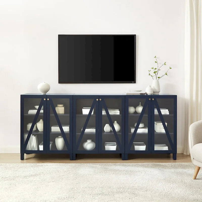 Meuble TV de ferme bleu marine avec portes en verre et rangement