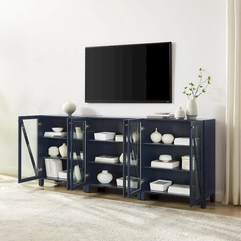 Meuble TV de ferme bleu marine avec portes en verre et rangement