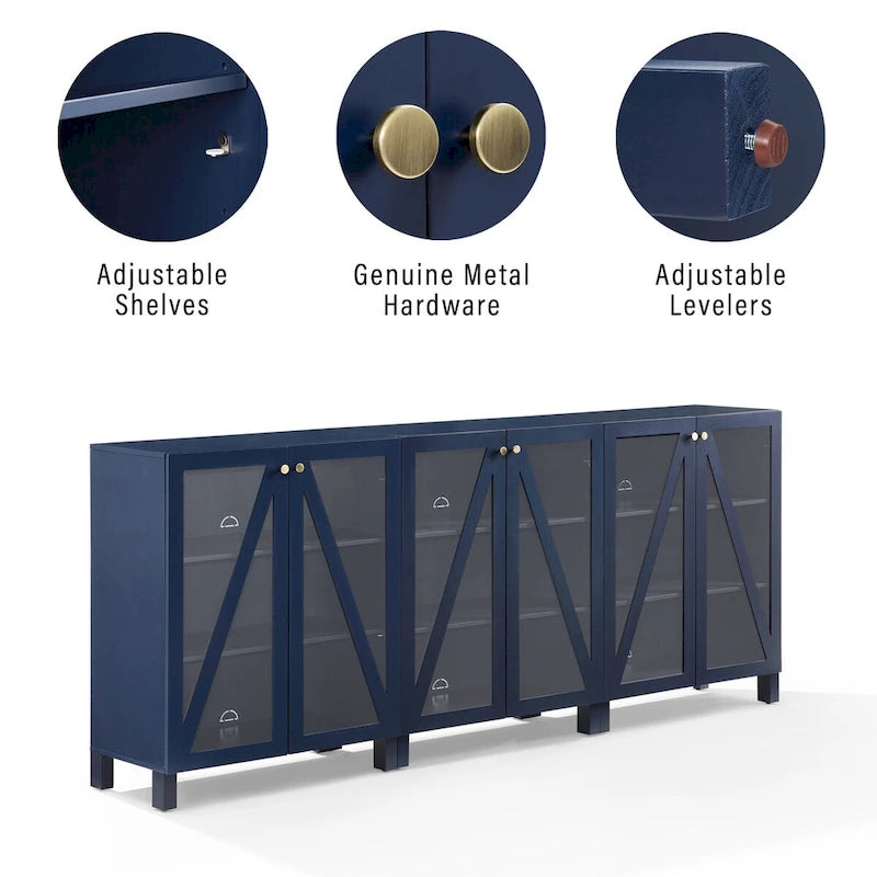 Meuble TV de ferme bleu marine avec portes en verre et rangement