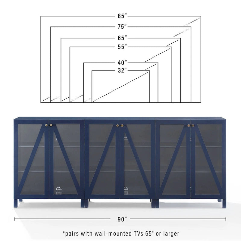 Meuble TV de ferme bleu marine avec portes en verre et rangement