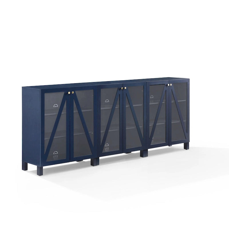 Meuble TV de ferme bleu marine avec portes en verre et rangement