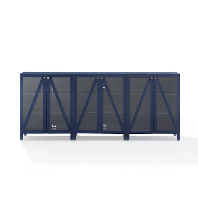 Meuble TV de ferme bleu marine avec portes en verre et rangement