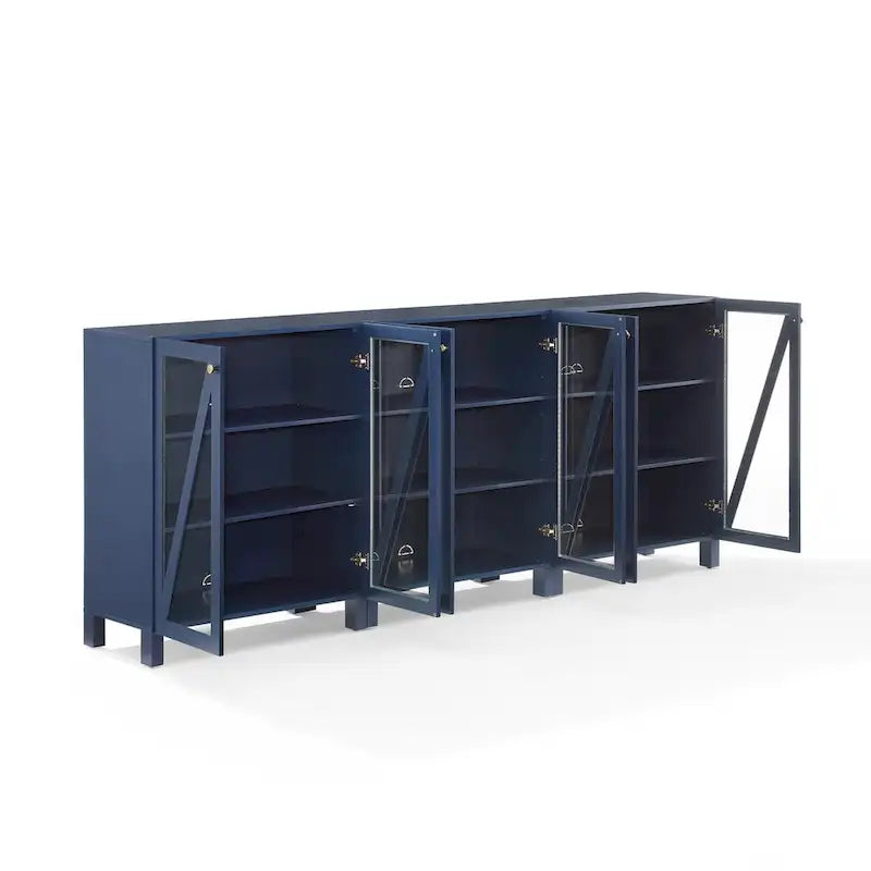 Meuble TV de ferme bleu marine avec portes en verre et rangement
