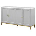 Buffet à quatre portes avec plateau effet marbre et pieds en métal doré gris clair