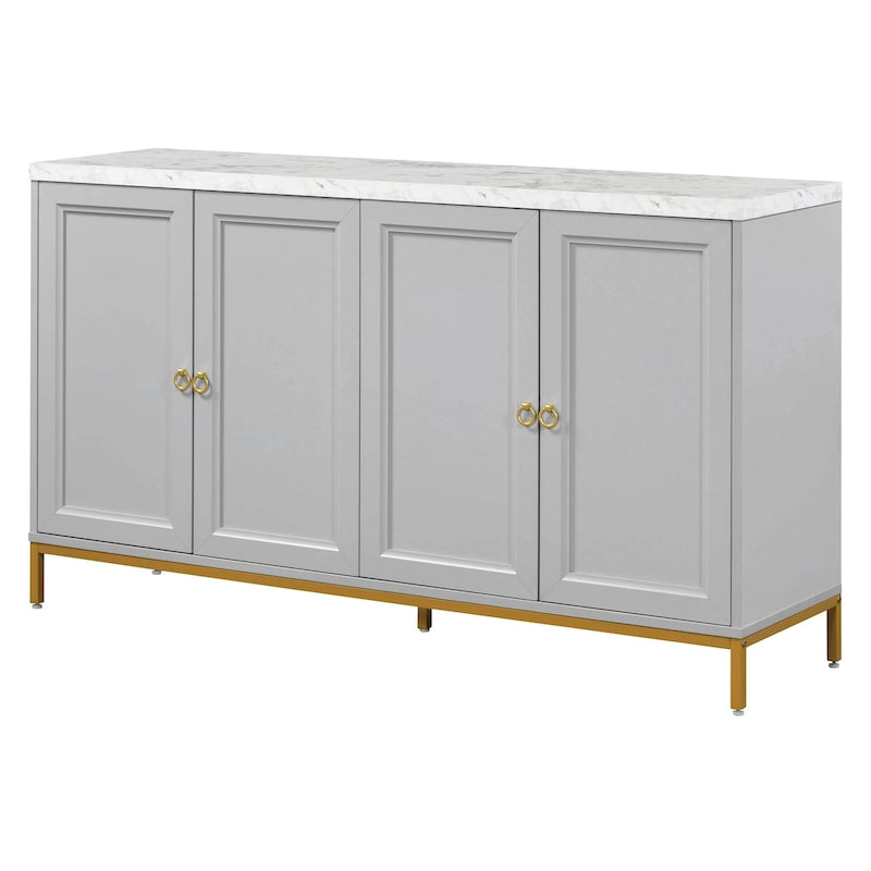 Buffet à quatre portes avec plateau effet marbre et pieds en métal doré gris clair