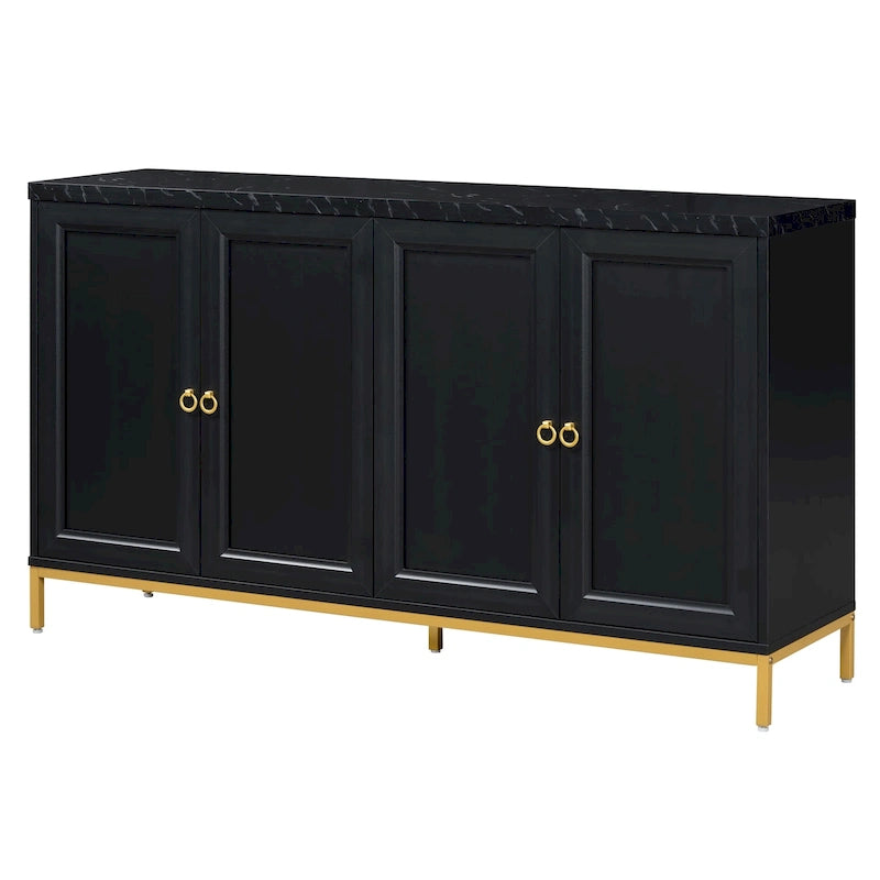 Buffet à quatre portes avec plateau effet marbre et pieds en métal doré gris clair