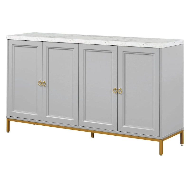 Buffet à quatre portes avec plateau effet marbre et pieds en métal doré gris clair