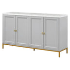 Buffet à quatre portes avec plateau effet marbre et pieds en métal doré gris clair