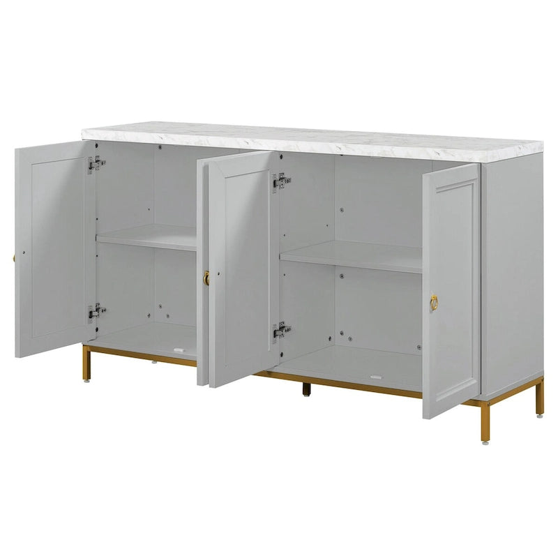 Buffet à quatre portes avec plateau effet marbre et pieds en métal doré gris clair