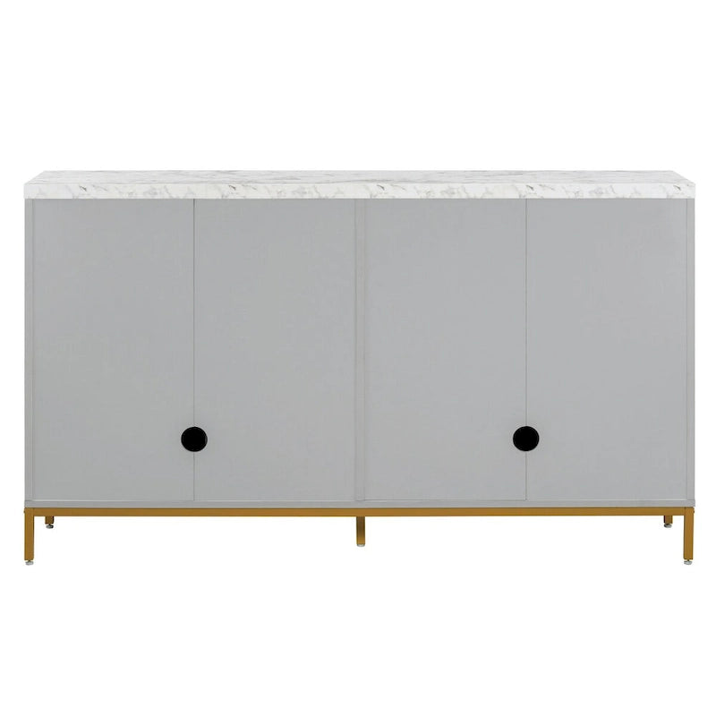 Buffet à quatre portes avec plateau effet marbre et pieds en métal doré gris clair