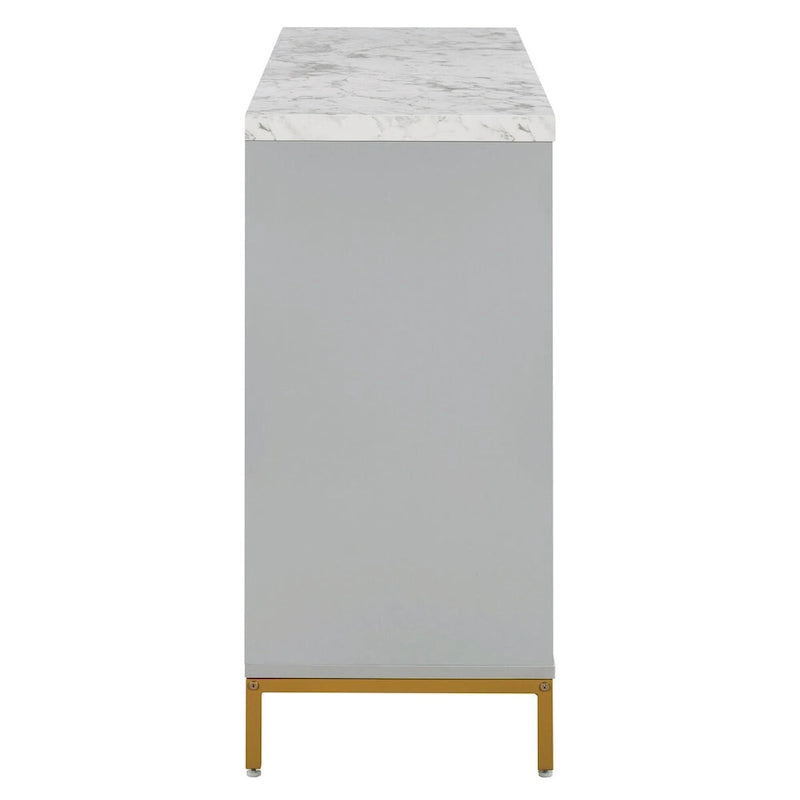 Buffet à quatre portes avec plateau effet marbre et pieds en métal doré gris clair