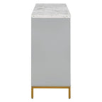 Buffet à quatre portes avec plateau effet marbre et pieds en métal doré gris clair