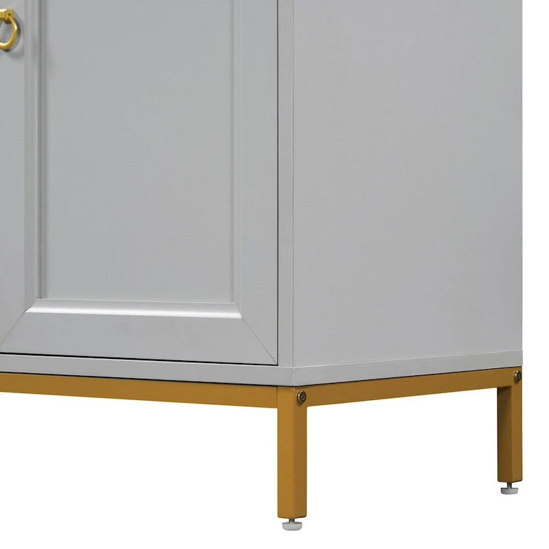Buffet à quatre portes avec plateau effet marbre et pieds en métal doré gris clair