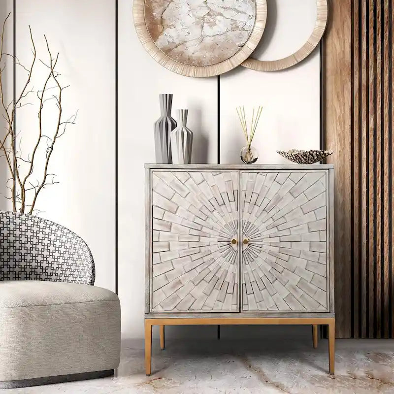 Buffet Rangement Bois Mid-Century Modern 2 Portes avec Portes Effet Vieilli Argenté et Pieds en Métal Doré