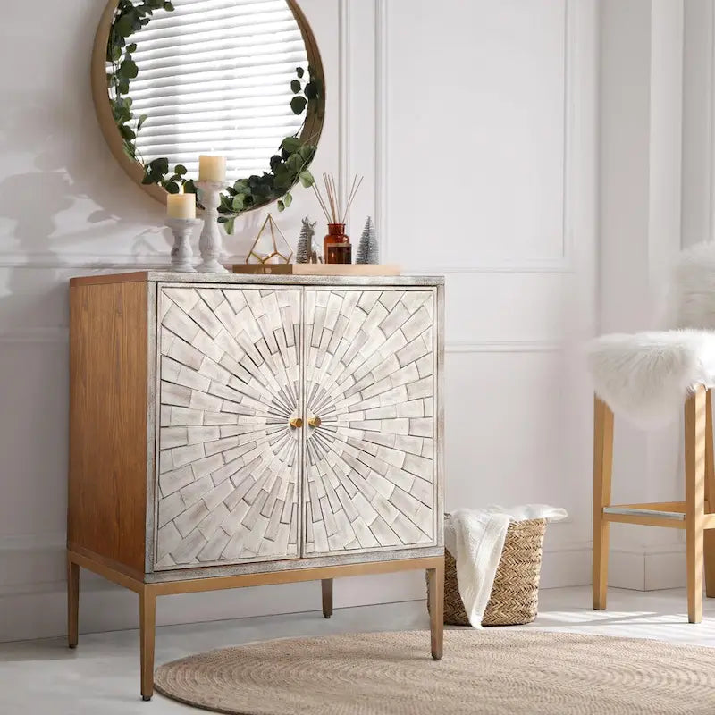 Buffet Rangement Bois Mid-Century Modern 2 Portes avec Portes Effet Vieilli Argenté et Pieds en Métal Doré