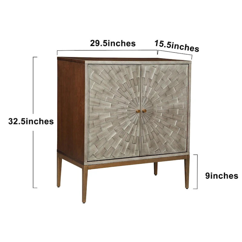 Buffet Rangement Bois Mid-Century Modern 2 Portes avec Portes Effet Vieilli Argenté et Pieds en Métal Doré