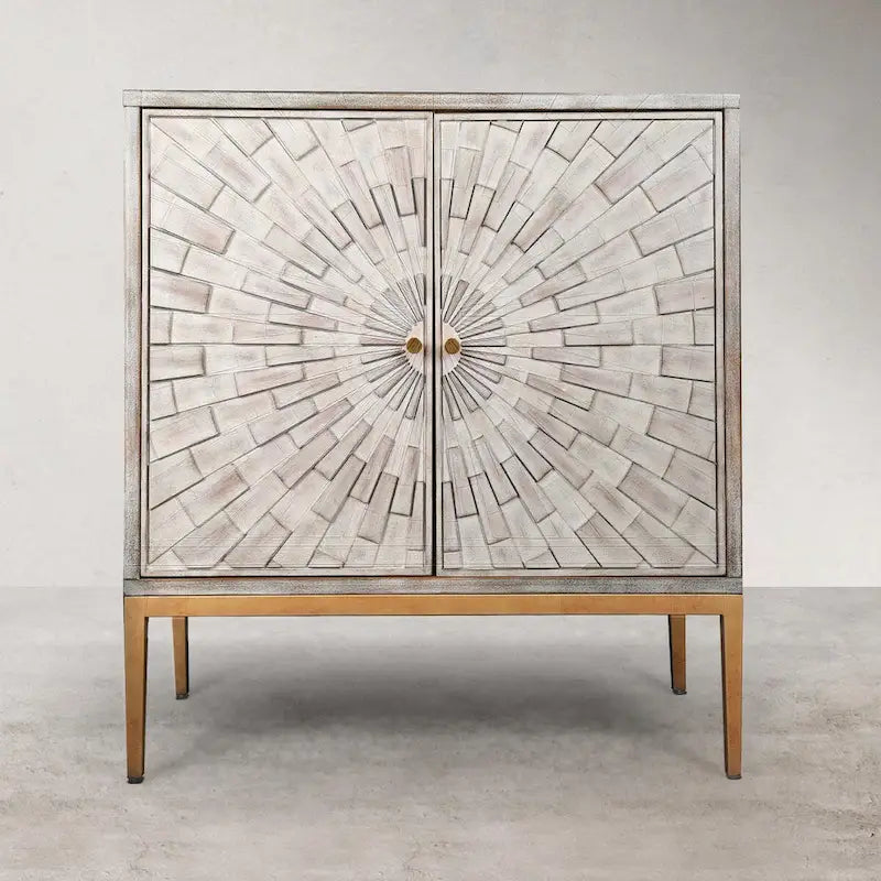 Buffet Rangement Bois Mid-Century Modern 2 Portes avec Portes Effet Vieilli Argenté et Pieds en Métal Doré