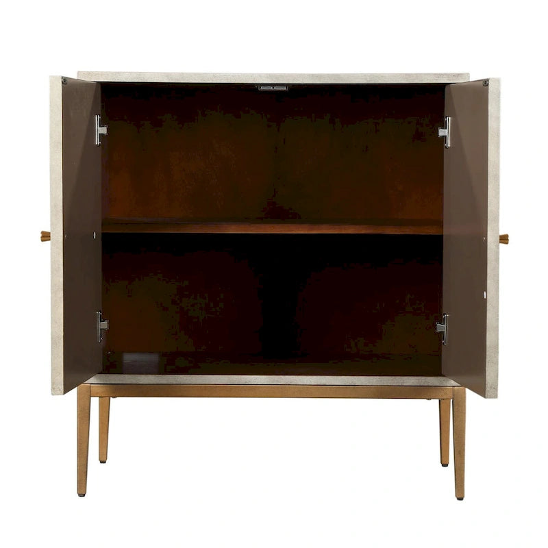 Buffet Rangement Bois Mid-Century Modern 2 Portes avec Portes Effet Vieilli Argenté et Pieds en Métal Doré