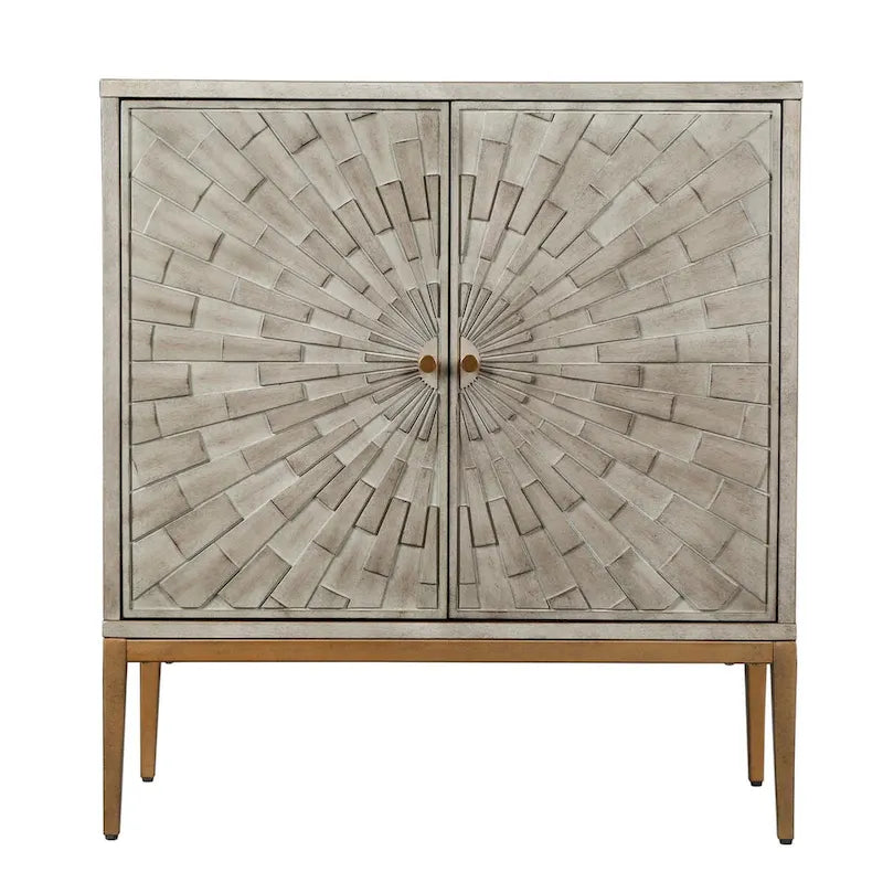 Buffet Rangement Bois Mid-Century Modern 2 Portes avec Portes Effet Vieilli Argenté et Pieds en Métal Doré