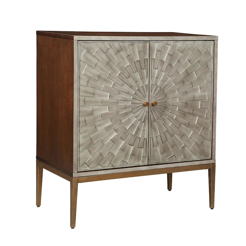 Buffet Rangement Bois Mid-Century Modern 2 Portes avec Portes Effet Vieilli Argenté et Pieds en Métal Doré