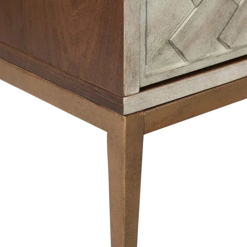 Buffet Rangement Bois Mid-Century Modern 2 Portes avec Portes Effet Vieilli Argenté et Pieds en Métal Doré