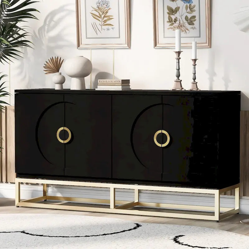Buffet 4 portes en bois avec poignées métalliques dorées et étagères réglables, beige