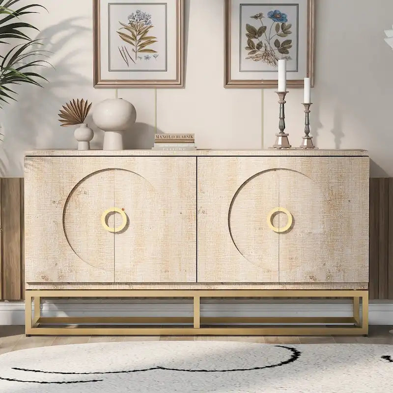 Buffet 4 portes en bois avec poignées métalliques dorées et étagères réglables, beige