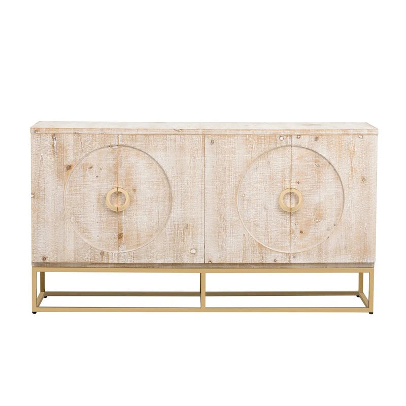 Buffet 4 portes en bois avec poignées métalliques dorées et étagères réglables, beige