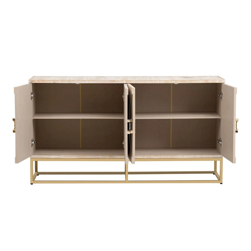 Buffet 4 portes en bois avec poignées métalliques dorées et étagères réglables, beige