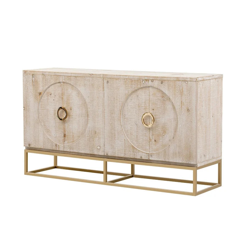 Buffet 4 portes en bois avec poignées métalliques dorées et étagères réglables, beige