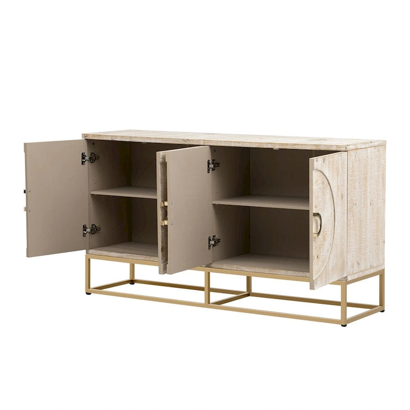 Buffet 4 portes en bois avec poignées métalliques dorées et étagères réglables, beige