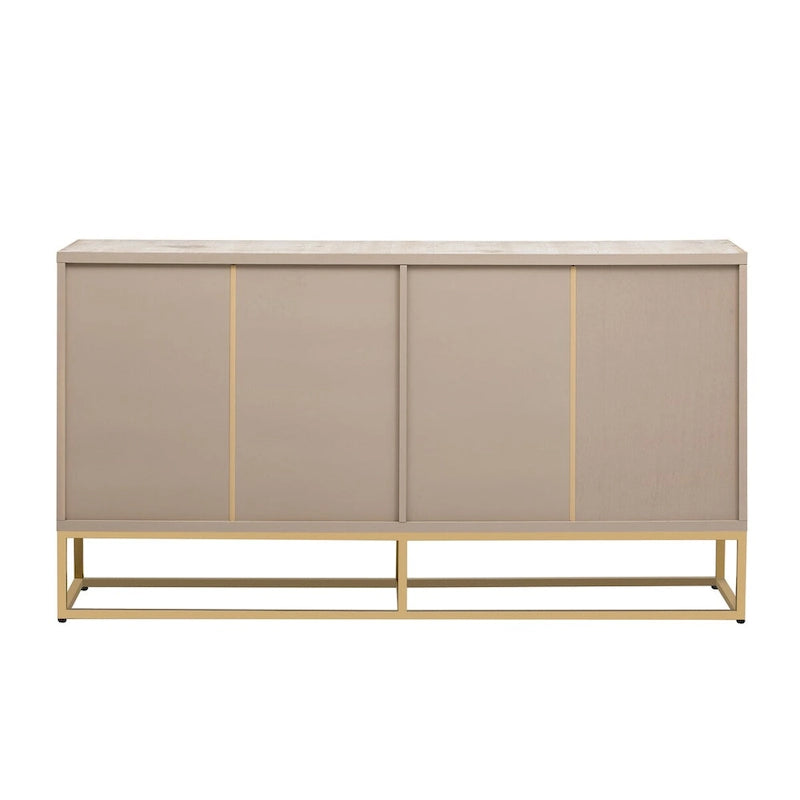 Buffet 4 portes en bois avec poignées métalliques dorées et étagères réglables, beige