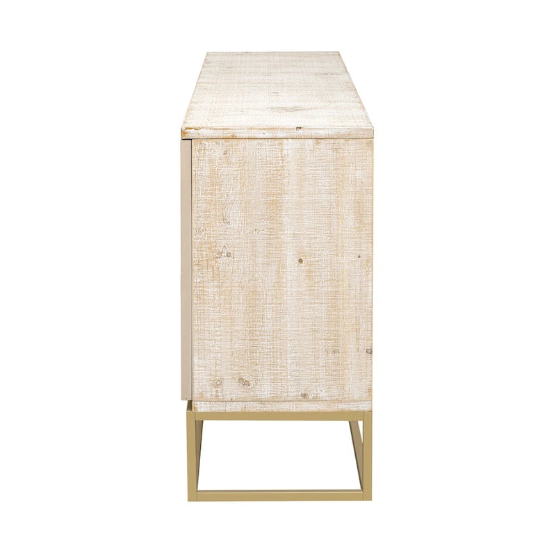 Buffet 4 portes en bois avec poignées métalliques dorées et étagères réglables, beige